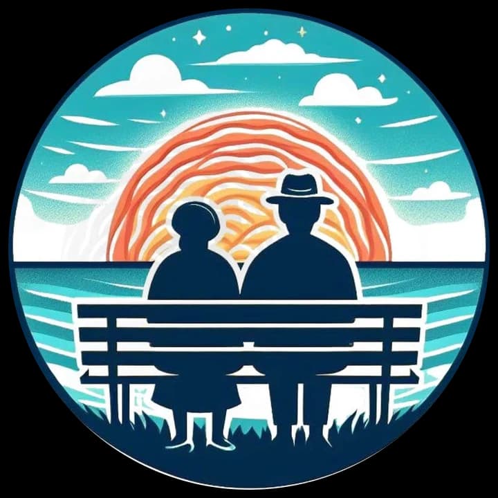 Recordando el Viaje: una pareja mayor en una banca contempla el atardecer sobre el mar.